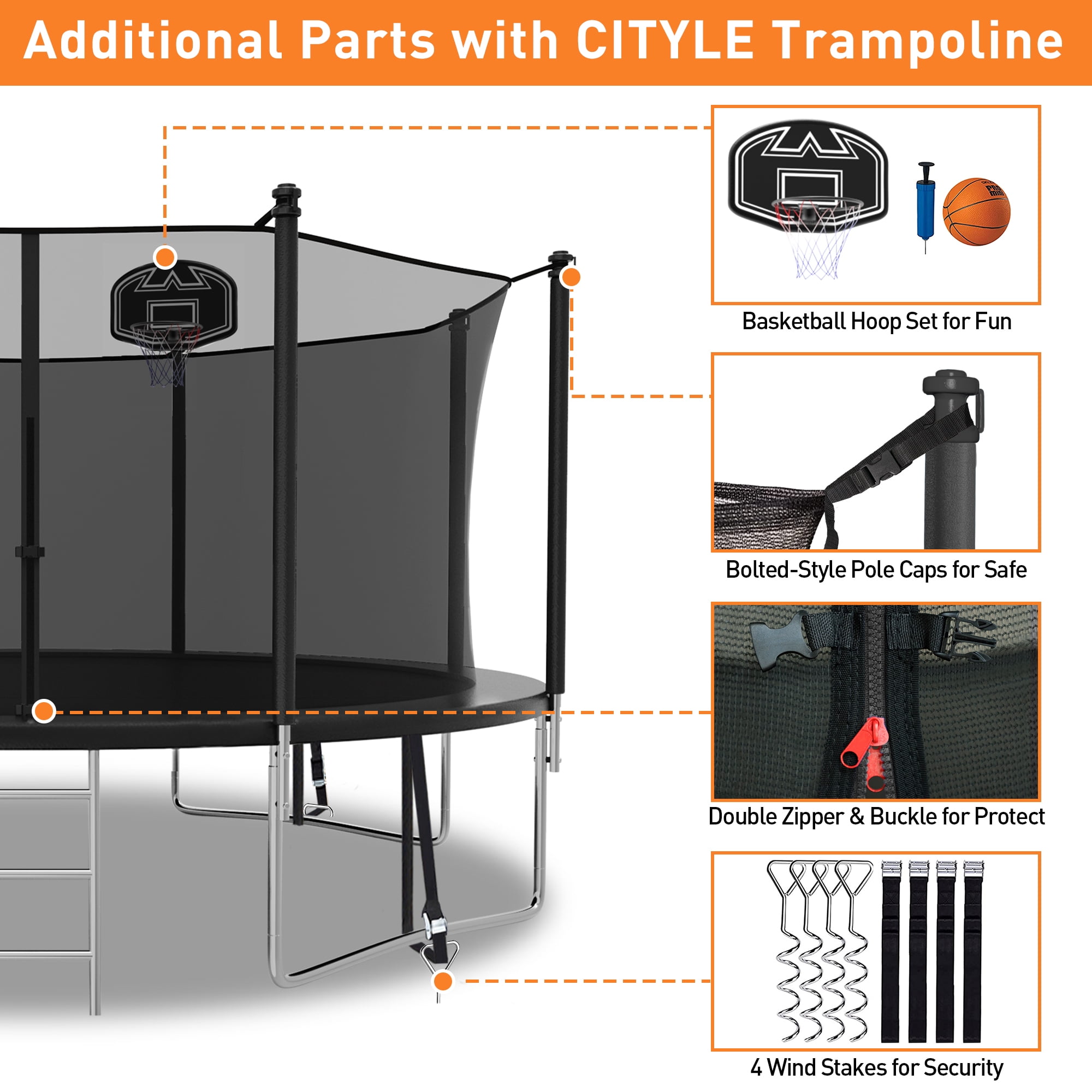CITYLE Trampoline 14FT Trampoline for Kids and Adults, Outdoor Trampoline with Enclosure Net, Backyard Trampoline with Basketball Hoop, Wind Stakes, Ladder, Weather Resistant, Easy Assembly,Last Long