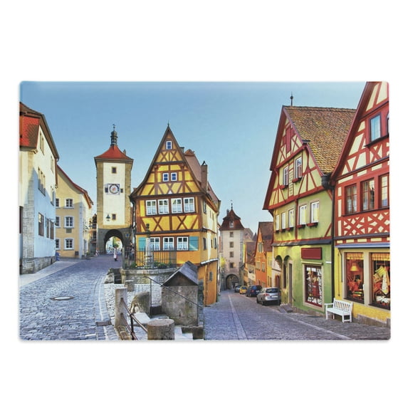German Cutting Board, Rothenburg ob der Tauber Bavaria Germany Famous Street Colorful Classic Houses, Decorative Tempered Glass Cutting and Serving Board, Large Size, Multicolor, by Ambesonne