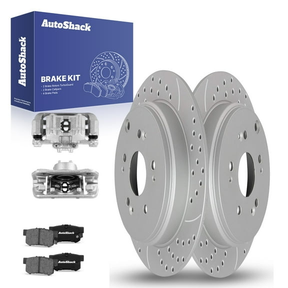 AutoShack Rear Drilled & Slotted Brake Rotors Ceramic Brake Pads Calipers | Replacement for 2007-2012 Acura RDX 2.3L AWD | Silver Coated | 8-PC Brake Kit | TurboGuard