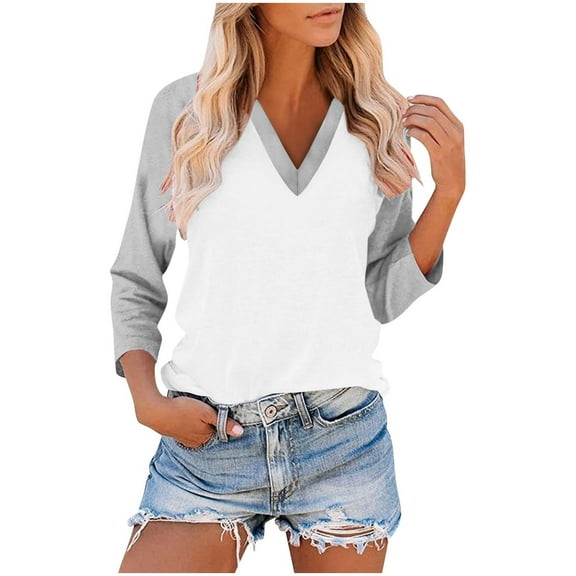 Womens V Neck T Shirt, 3/4 Sleeve Shirts for Women Fall Plus Size Casual Color Patchwork Raglan Sleeve Tees Tops