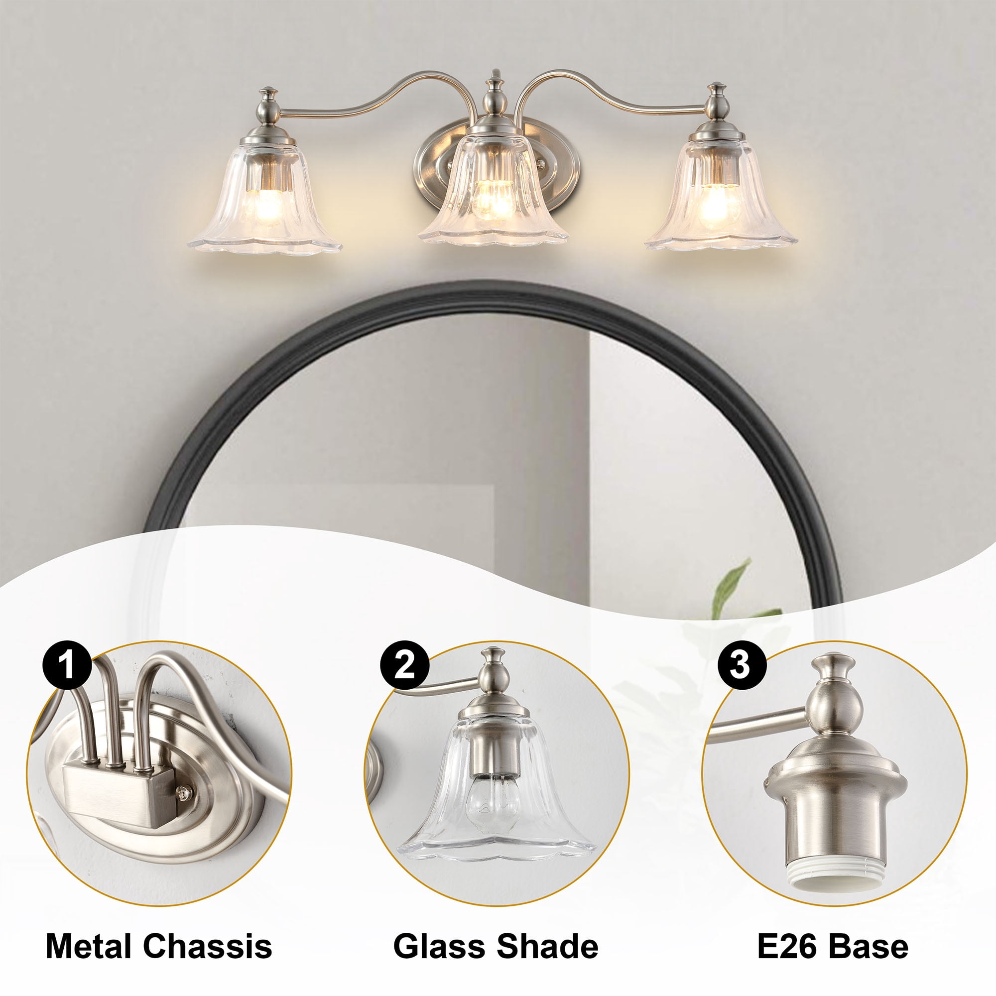 Silver 23 in Modern Bathroom Vanity Light Dimmable LED Light for Bathroom  Living Room Bedroom Light Fixture，Mirror Light with Glass Shade
