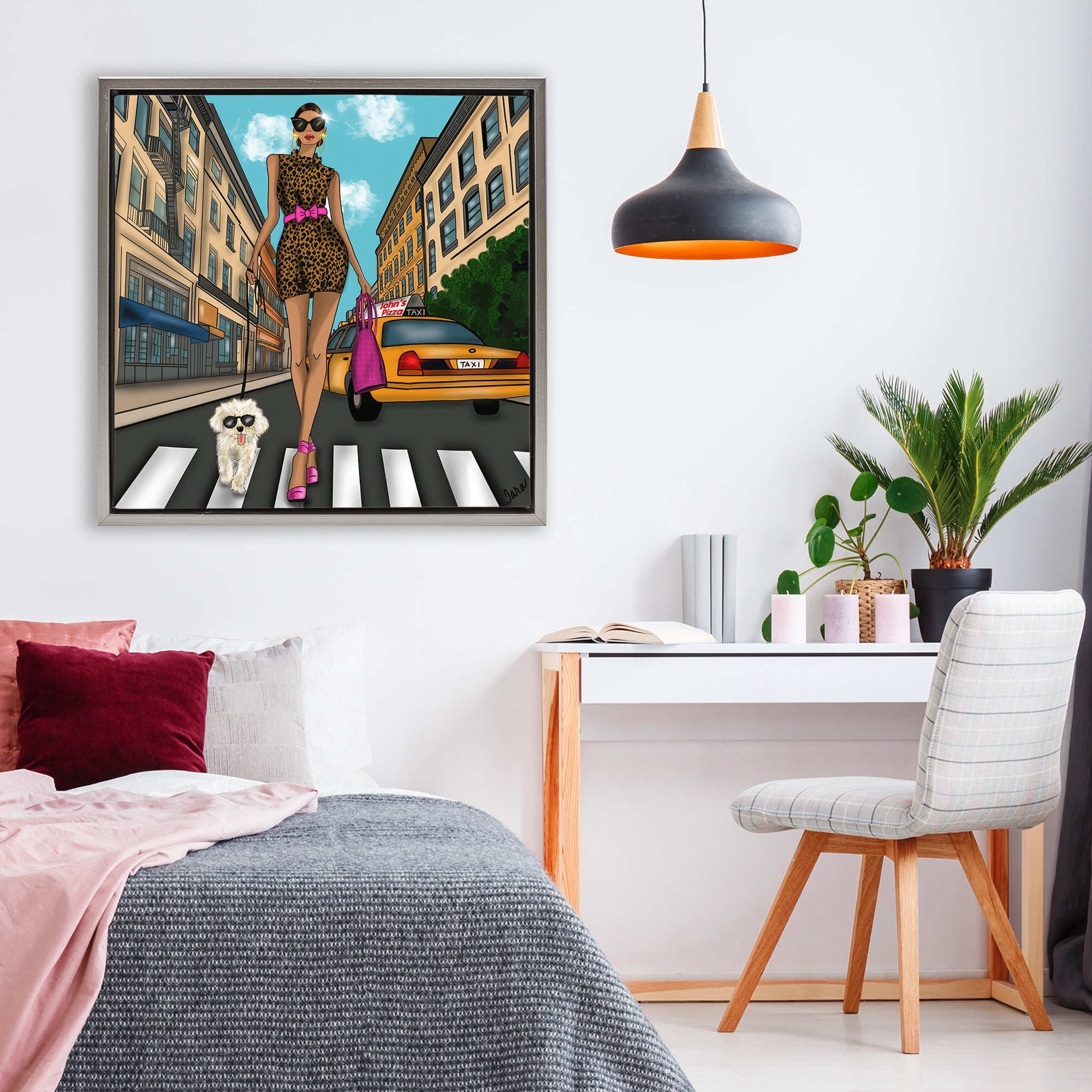 Stupell Industries Fashion Girl in Big City Gray Framed Floater Canvas Wall Art, design by Tara Boone