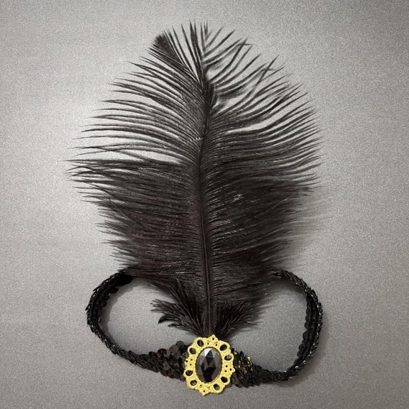 CXHEGBEJ Sequins Feather Headpiece For Women 1920s Flapper Headband Party Headwear Hair Costume Accessory Female Headdress Headwrap Black with 1 Feather