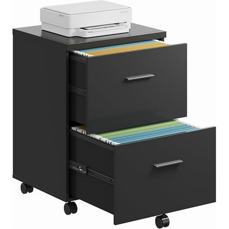 DEVAISE 2 Drawer File Cabinet, Mobile Printer Stand, Wood Filing Cabinet fits A4 or Letter Size for Home Office, Black