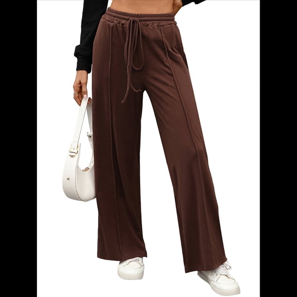 Pantalones Deportivos de Pierna para Mujer, Cintura Alta, Holgados y con Cordón Ajustable Color Café XXL