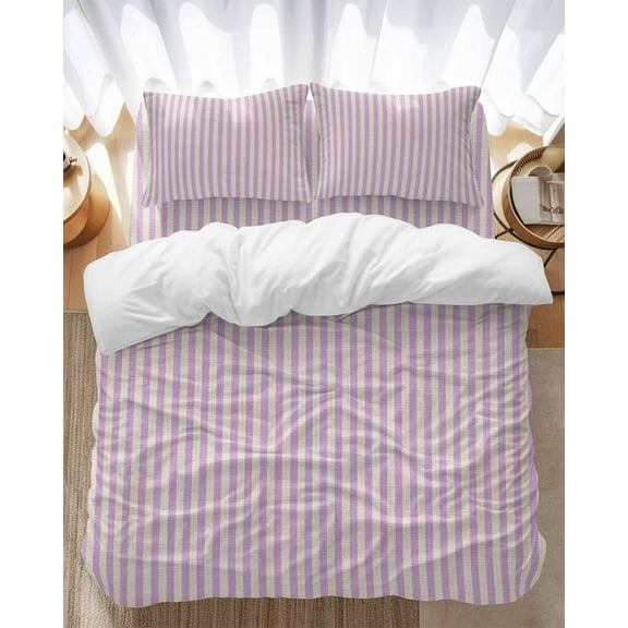 Simple White Striped Bedding Duvet Cover Set Full Size 4 Pieces Purple Stripes Vintage Linen Bedding Set with Zipper Closure, 1 Comforter Cover 86x86 Inches 1 Flat Sheet & 2 Pillow Cases