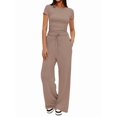 thumbnail image 2 of Women'S 2 Piece Lounge Sets Ruched Short Sleeve Tops High Waisted Wide Leg Pants Sets Camel Color L, 2 of 7