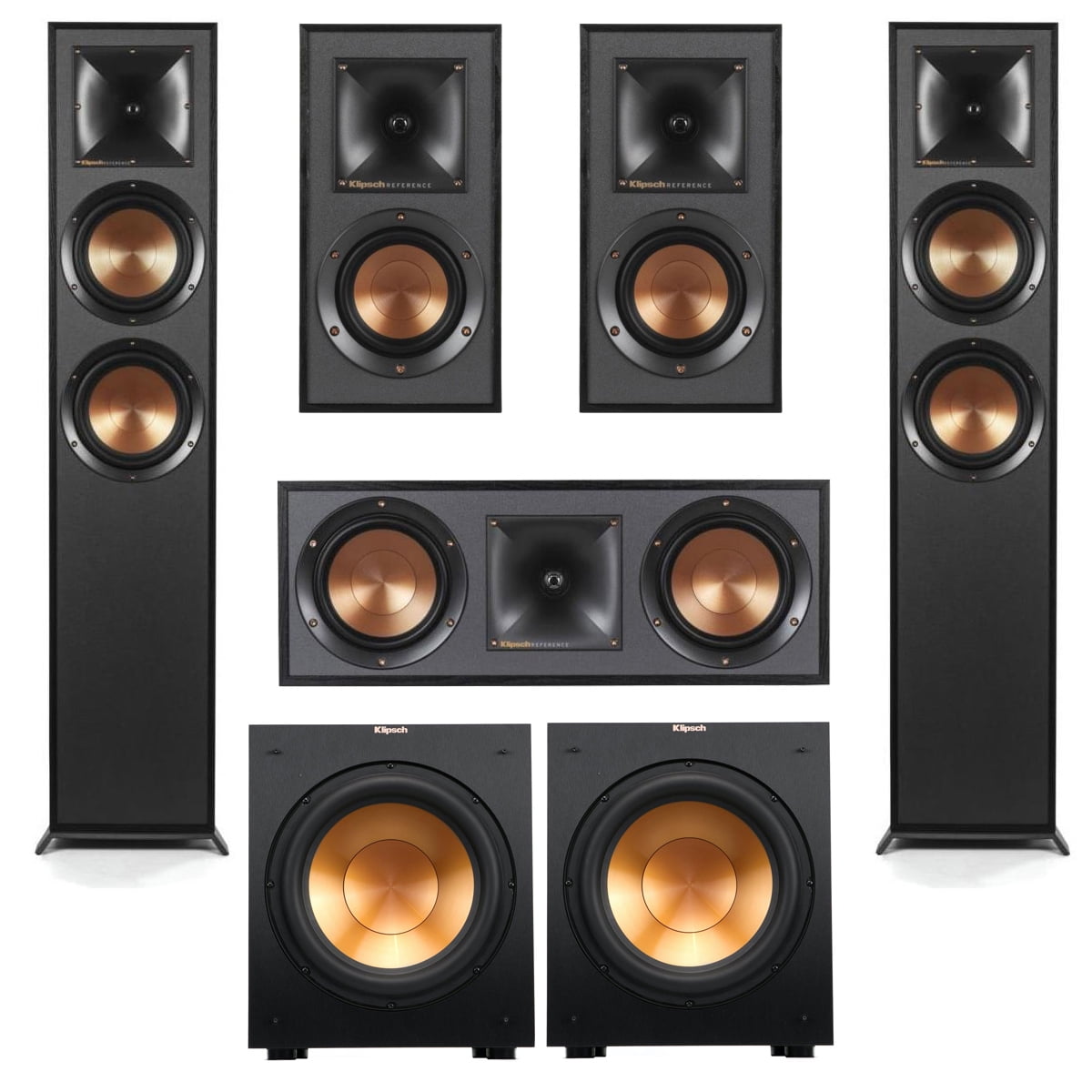 Klipsch Reference Series 5.2 Home Theater Pack with 2x R-625FA Floorstanding Speakers, R-52C Center Channel Speaker, 2x R-41M Bookshelf Speakers, 2x R-12SW Subwoofers, Black