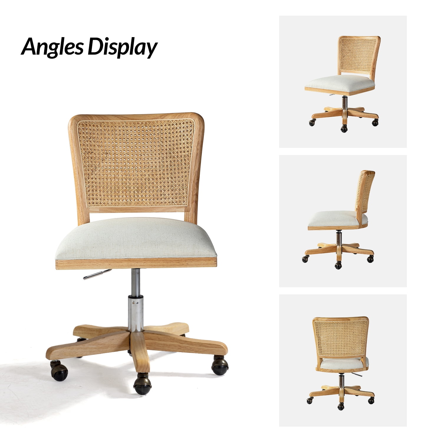 Swivel Office Chair Wooden Rattan Back Adult Task Chair Living Office Room, Beige