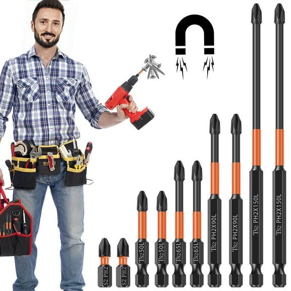 CIVG 10pcs Magnetic Cross Bit Set 25/50/65/90/150mm S2 Steel Cross Screwdriver Bit Set Non-slip High Hardness Impact Screwdriver Bit Cross Head Long Bits Set for Power Screwdriver Impact Drill