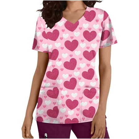 

CYMMPU Women s V-Neck Pocketed Scrub_Tops Nurse Workwear Uniform Clearance Going out Tops Summer Tees Short Sleeve Shirts Trendy Valentine s Day Tunic Love Heart Printing Fashion Tshirts Pink XL