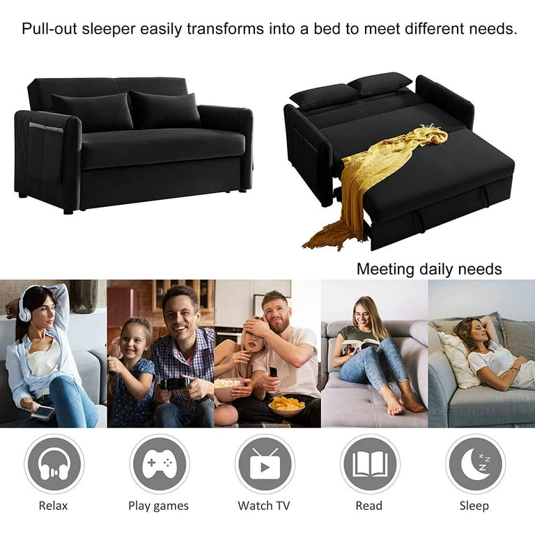 Convertible Sofa Bed,55Sleeper Bed Modern Velvet Loveseat Futon Sofa Couch  with Adjsutable Back and Arm Pockets,Small Spaces Pull Out Sleeper Sofa