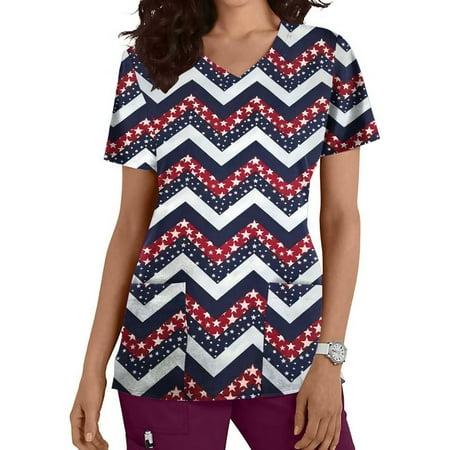 

Gaecuw Red White and Blue Scrub Tops Independence Day Tops for Women Fashion Short Sleeve V Neck Tops Working Uniform with with Pocketss Blouse Tops Womens Patriotic T Shirts Usa Themed Graphic Tees