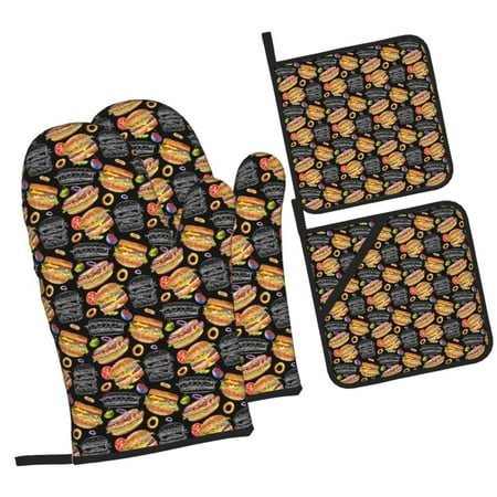 

Pofeuu Hamburgers Hot Dogs Print Oven Mitts and Pot Holders 4 pcs Set High Heat Resistant 500 Degree Extra Thicken Long Kitchen Cotton Oven Glove for Cooking