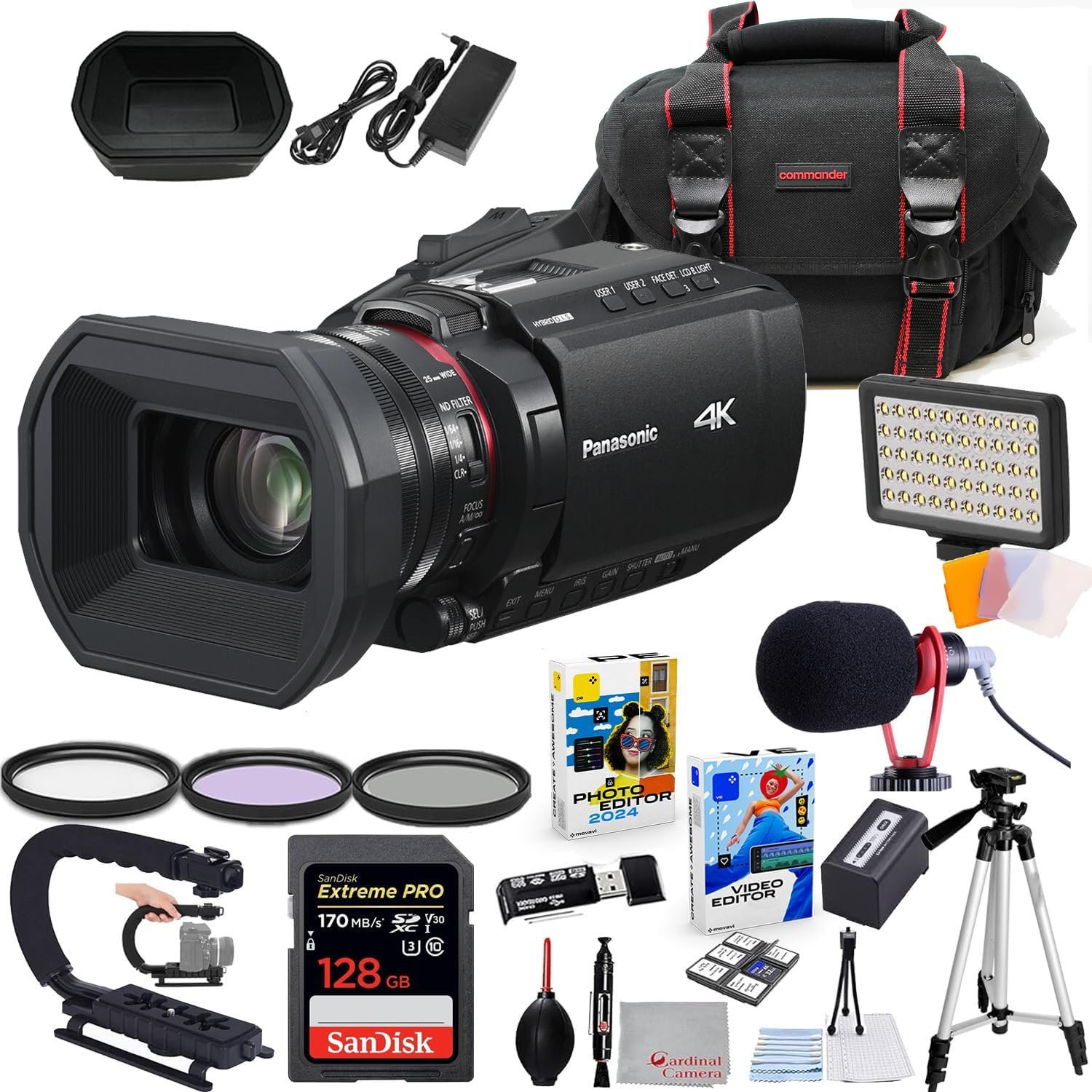Panasonic HC-X1200 UHD 4K HDMI Camcorder with 24x Zoom Bundle + Accessory Package Including 128GB Extreme Pro Memory, LED Light, HD Filters, Bag, Editing Software Package & More (23 Items)