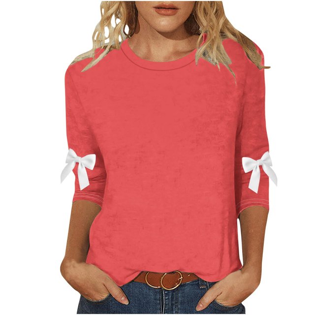 Staron T-Shirts pour Femmes Grande Taille, Coupe Ample, Nœud Papillon, Col Rond, Manches 3/4, Blouse Décontractée et Confortable, T-shirt Basique Mode, Rouge Melon D\'eau TG
