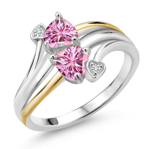 Gem Stone King 925 Silver and 10K Yellow Gold Ring Heart Shape Pink Moissanite and Vivid Moissanite Pink (1.02 Cttw, Size 8)