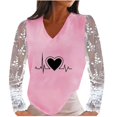 thumbnail image 1 of Mujer Casual Día de San Valentín electrocardiograma impreso cuello en V encaje empalme manga larga pulóver blusa camiseta Tops Fridja  hkj4220, 1 of 5