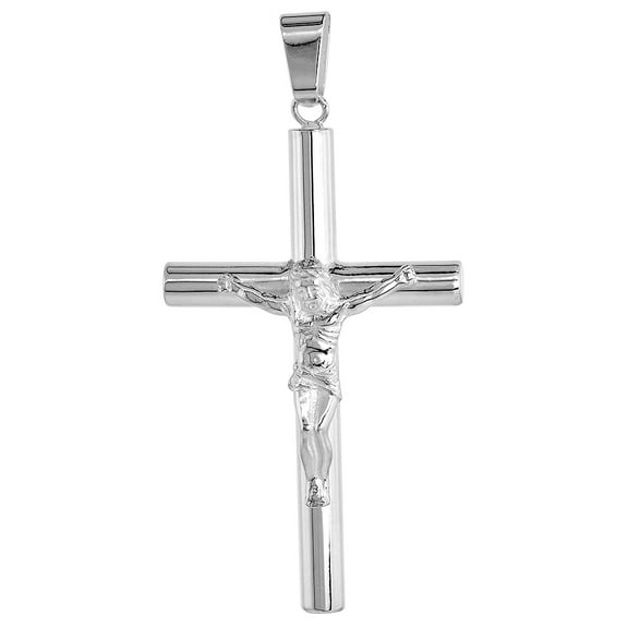 925 Sterling Silver 5mm Tubular Plain Cross Crucifix Charm Pendant 57mm