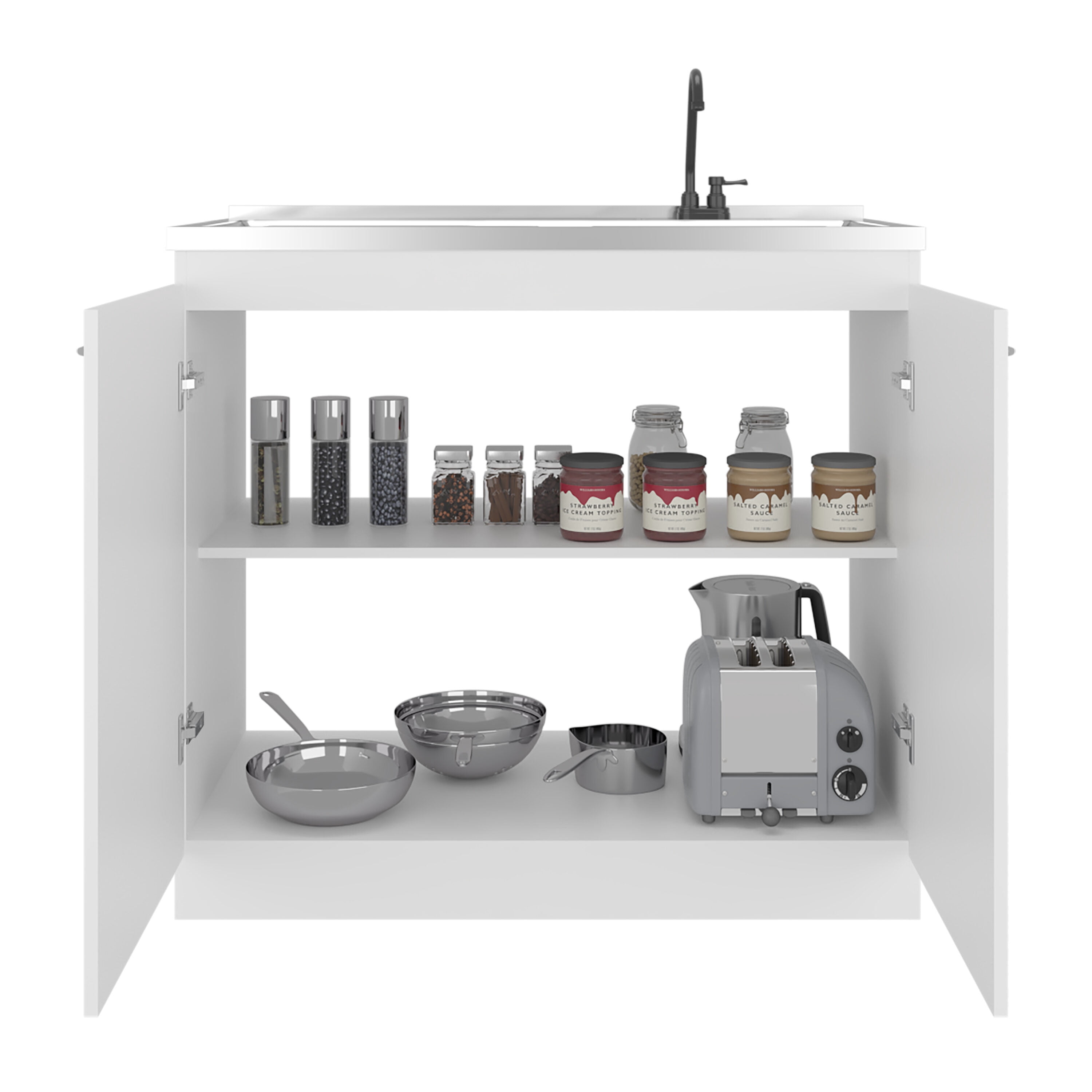 Undermount Kitchen Sink, Napoles Utility Sink with Faucet Inclued and Integrated Stainless Steel Counter top, Freestanding cabinet with two doors, Metal Handles and Two interior shelves, White