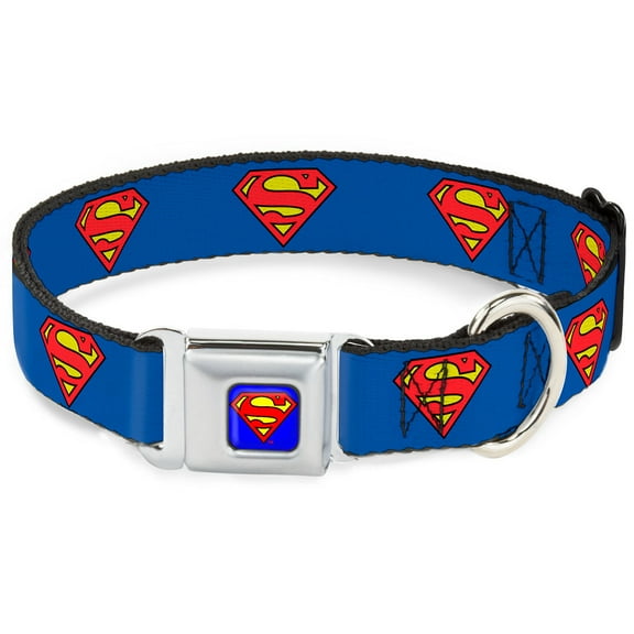 DC Comics Pet Collar, Dog Collar Metal Seatbelt Buckle, Superman Shield Blue, 16 to 23 Inches 1.5 Inch Wide