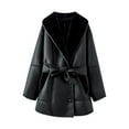 thumbnail image 3 of Female Faux Leather Jacket with Faux Fur Collar, Winter Long Sleeve Furry Trim Peplum Parka Coat with Belt Black L, 3 of 7