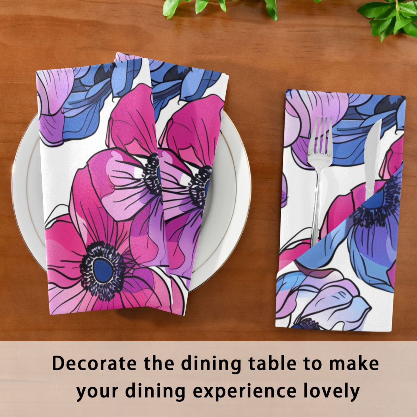 JSTEL Anemone Flower Pink & Purple Cloth Napkins Set of 6, 20x20 Inch Washable and Reusable Napkin for Decoupage Dinner Party Everyday Use