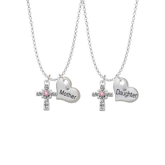 Delight Jewelry Silvertone Scroll Cross with Pink Crystal Mother & Daughter Heart Necklaces (Set of 2), 19" 2"