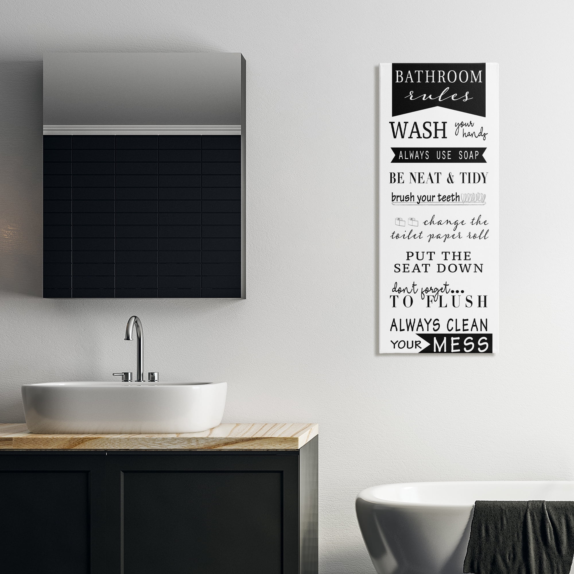 Stupell Industries Black Bathroom Rules Typography Painting Gallery Wrapped Canvas Art Print Wall Art, 17 x 40