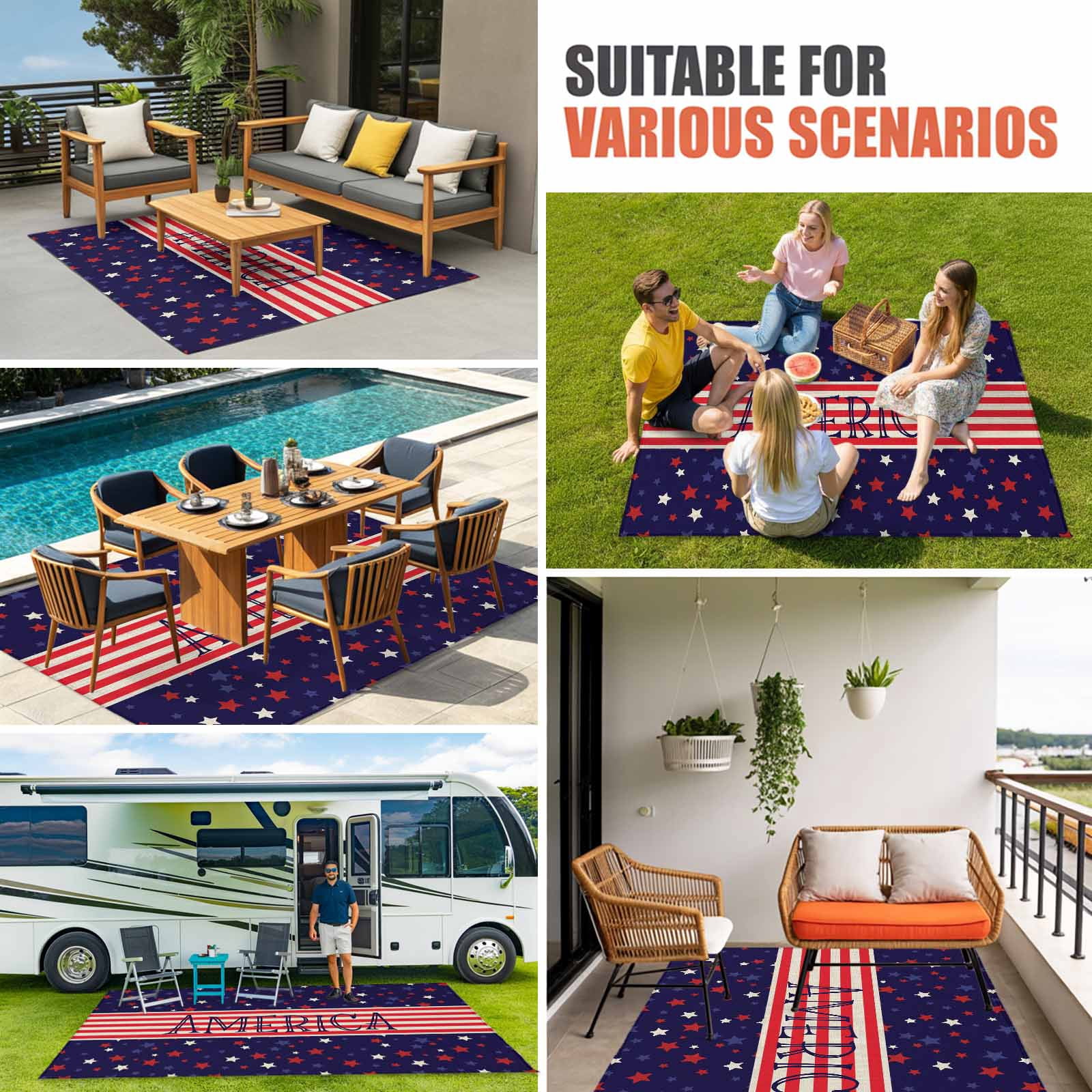 American Flag Outdoor Rug for Patio/Deck/Porch, Non-Slip Large Area Rug 3 x 5 Ft, Independence Day Red Blue Star Striped Indoor Outdoor Rugs Washable Area Rugs, Reversible Camping Rug Carpet Runner