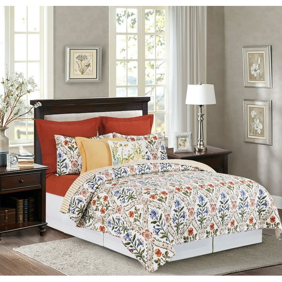 Victoria's Garden Full/Queen Quilt Set, Floral Watercolor Reversible Bedspread Coverlet For All Seasons