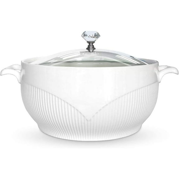 Ceramic Soup Tureen With Glass Lid - Porcelain Serving Bowl for Restaurant, Home Kitchen Decoration - Cute Covered Tureen, White, 3QT