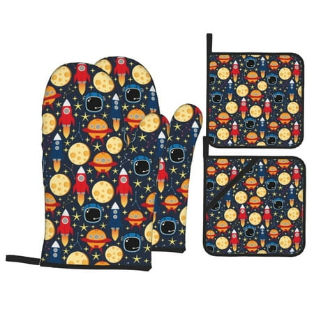 

Oven Mitts and Pot Holders 4 pcs Set Colorful Astronomy Heat Resistant Pot Holders Oven Mitts for kitchen Non-Slip Hanging Loop Oven Glove Potholders for Baking Cooking