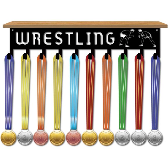 Wrestling Trophy Shelf Medal Display Shelf with Density Board Tray Medal Hanger Display Sports Wall Mount Stand Black Trophy Holder Medal Organizer Rack