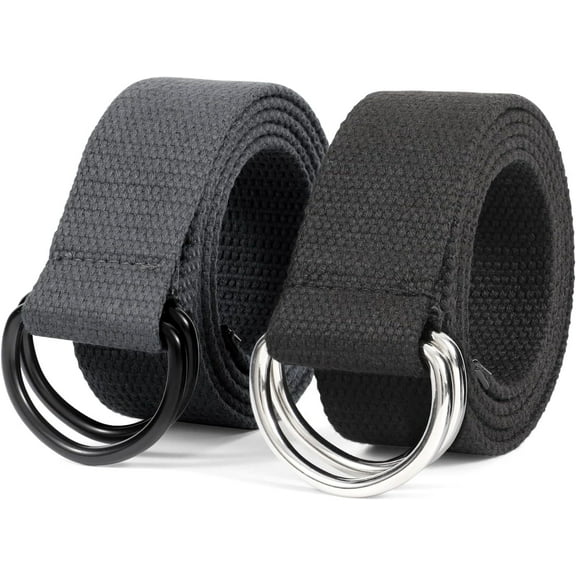 Men Canvas Belt Web Fabric Casual Belt with Black Double D-ring 1 1/2" Wide Set of 2