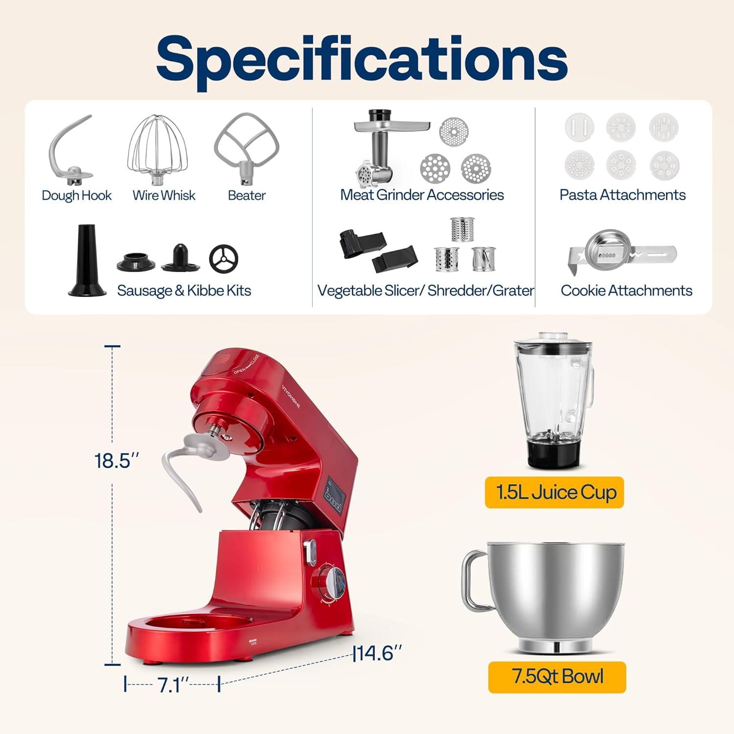 SPECSTAR 9 in 1 Multifunctional Stand Mixer with Fermentation, 6 Speed 7.5 Quart Kitchen Electric Food Mixer with Timer, Meat Grinder, Juice Blender, Vegetable Slicer, Pasta and Cookie Maker, Red