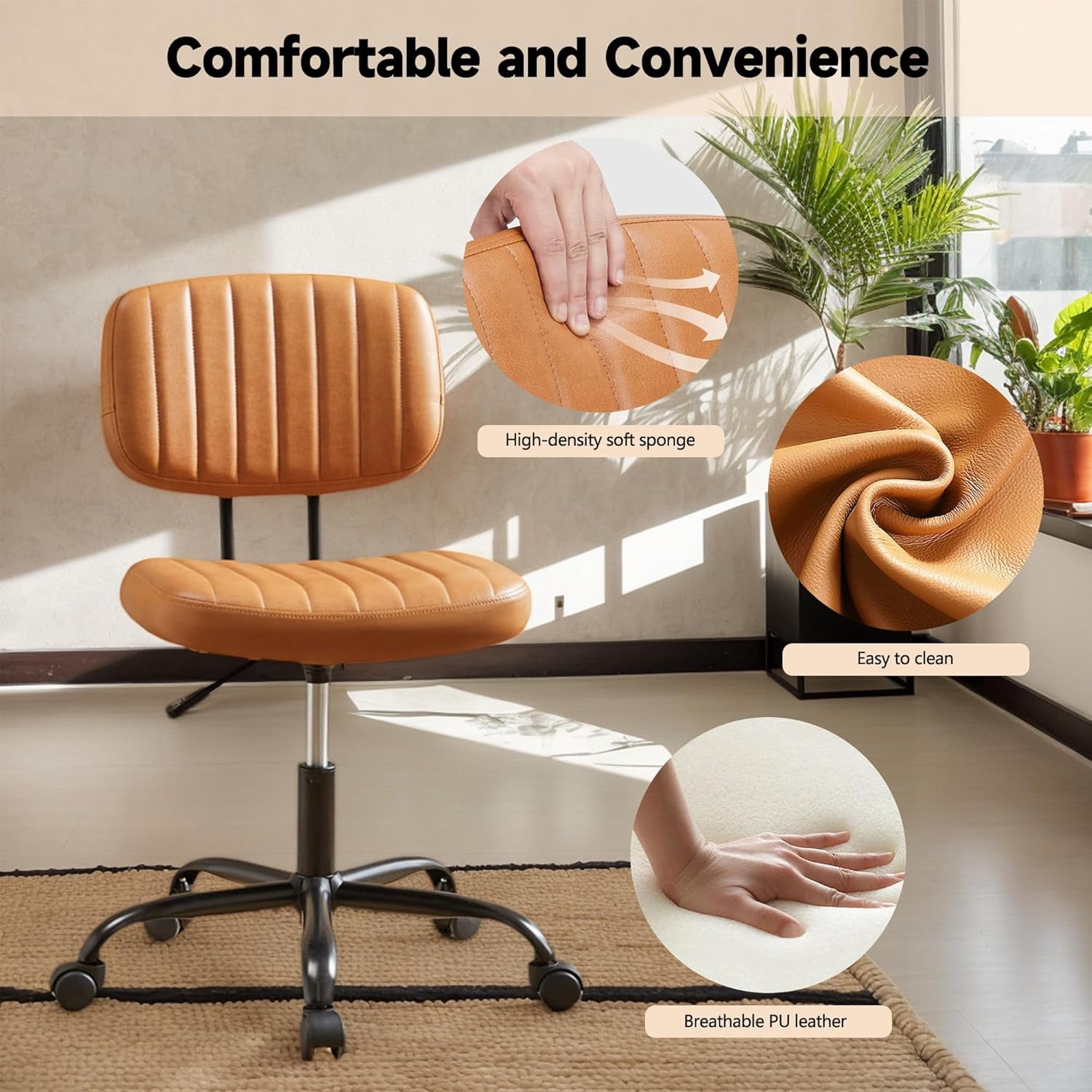 ENYLAY Small Armless Home Office Desk Chair, Ergonomic Cute Chair PU Leather with Adjustable Swivel Rolling Comfy Task Study Chair with Lumbar Support for Adult and Student, Bedroom (Brown)