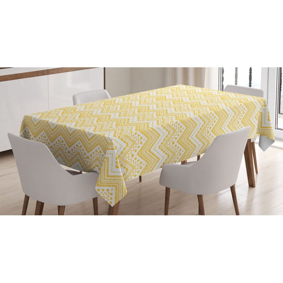 Yellow Chevron Tablecloth, Hand Drawn Aztec Pattern Primitive Clan Motif with Dashed Lines Artwork, Rectangle Satin Table Cover for Dining Room and Kitchen, 52" X 70", Mustard White, by Ambesonne