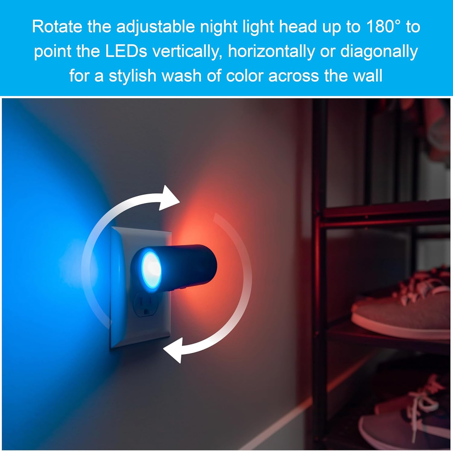 RGHJAR-Directional Plug in Wall Sconce Night Light, Adjustable Swivel Accent Lighting with Dusk to Dawn Sensor, Dimmable Warm White & Optional Color Changing LEDs for Hallways & Bedrooms, 2-Pack, 835