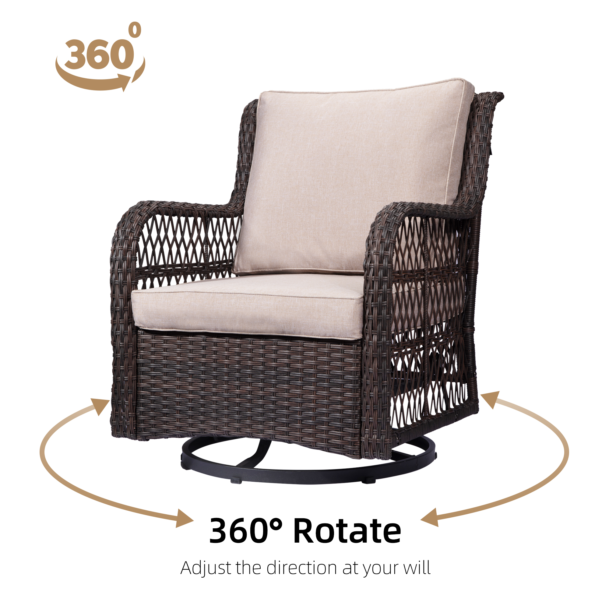 3 Pieces Outdoor Swivel Rocker Patio Chairs Set with Cushion,2PCS 360° Swivel Rocking Patio Chairs and 1PC Matching Side Table for Outside Backyard Garden Beige - image 3 of 7