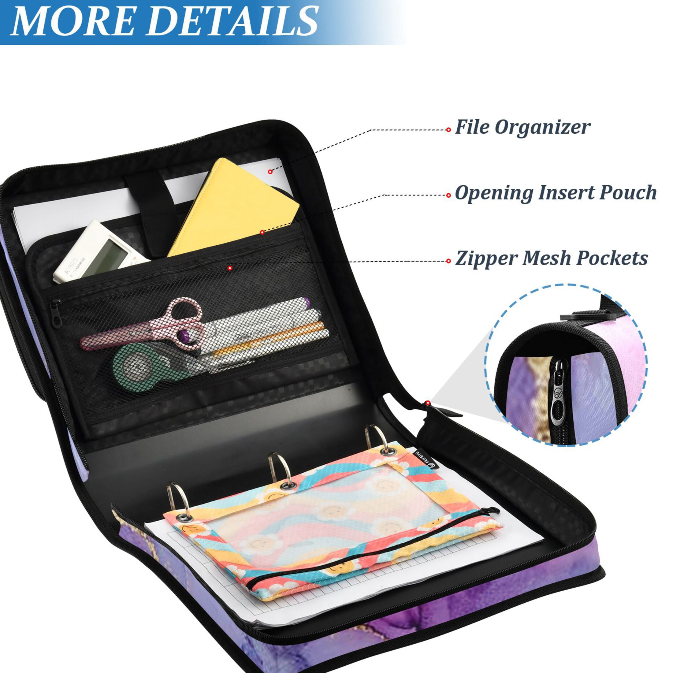 3 Ring Zipper Binder with Shoulder Strap Waterproof Trapper Keeper 2 Inch D-Ring 500 Sheets Capacity Pink Purple Blue Marble
