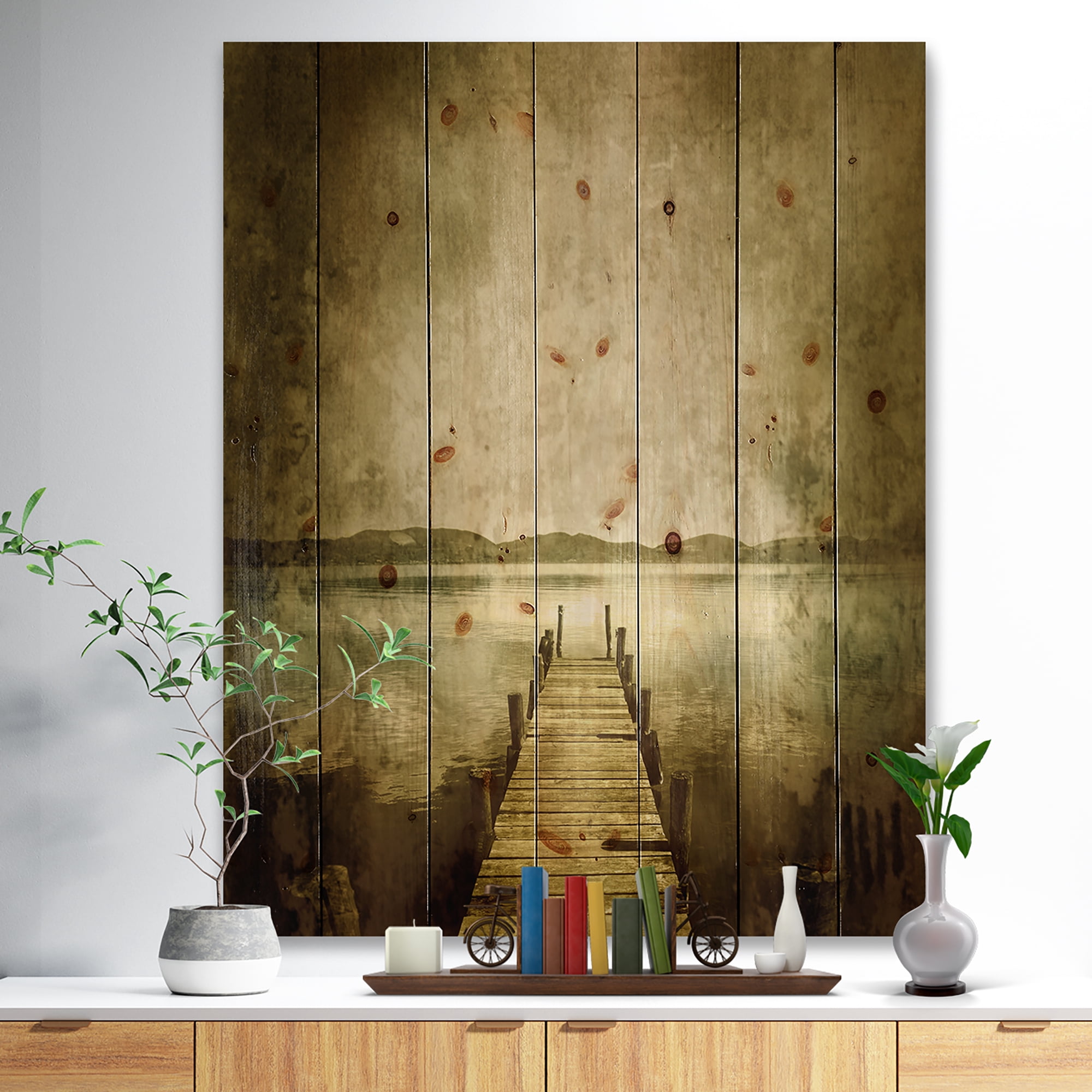 Designart 'Vintage Pier Over Lake' Landscape Print on Natural Pine Wood