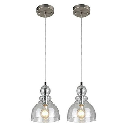 Brushed Nickel Clear Glass - Westinghouse Industrial One-Light Adjustable Mini Pendant with Handblown Clear Seeded Glass, Brushed Nickel Finish - 2 Pack