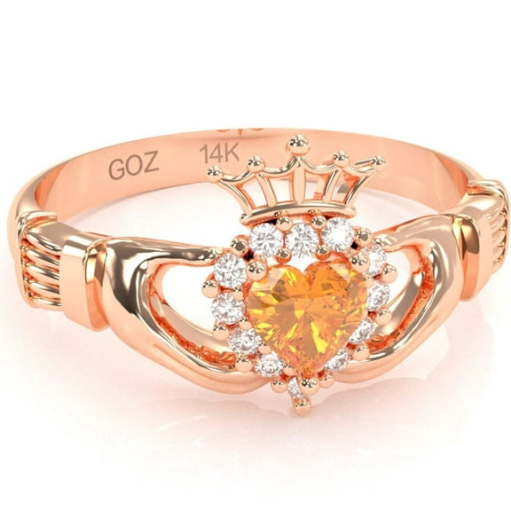 Claddagh Citrine Diamond Ring In Solid 14k Rose Gold