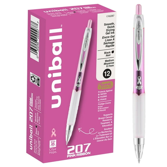 Uniball 207 Pink Ribbon Retractable Gel Pens, Medium Point (0.7mm), Black Ink, 12 Count