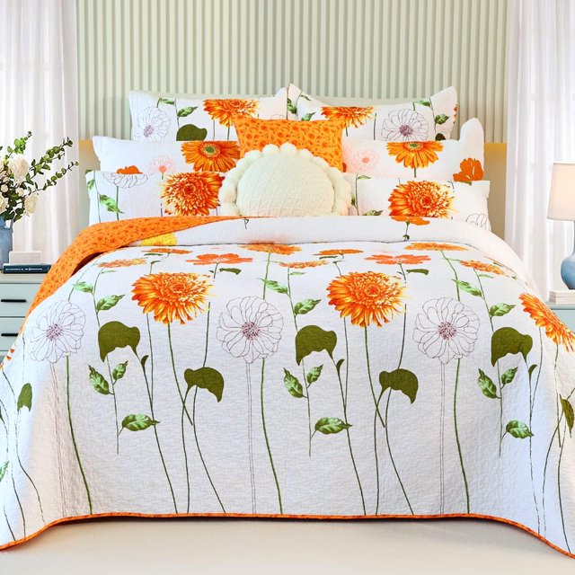 EVENHUG Juego de cama de 100% algodón, tamaño king, color naranja, girasol, diseño floral, ligero, reversible, con 2 fundas de almohada, para todas las estaciones, 3 piezas (106 x 96)