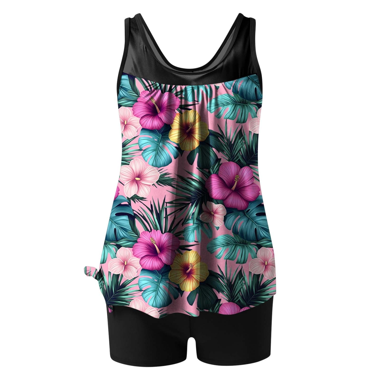 Jsaierl 2 Piece Tankini Bathing Suits Women Blouson Swim Tops Summer Print Swimwear Athletic Vacation Modest Beachwear with Swim Shorts Tankini Swimsuits