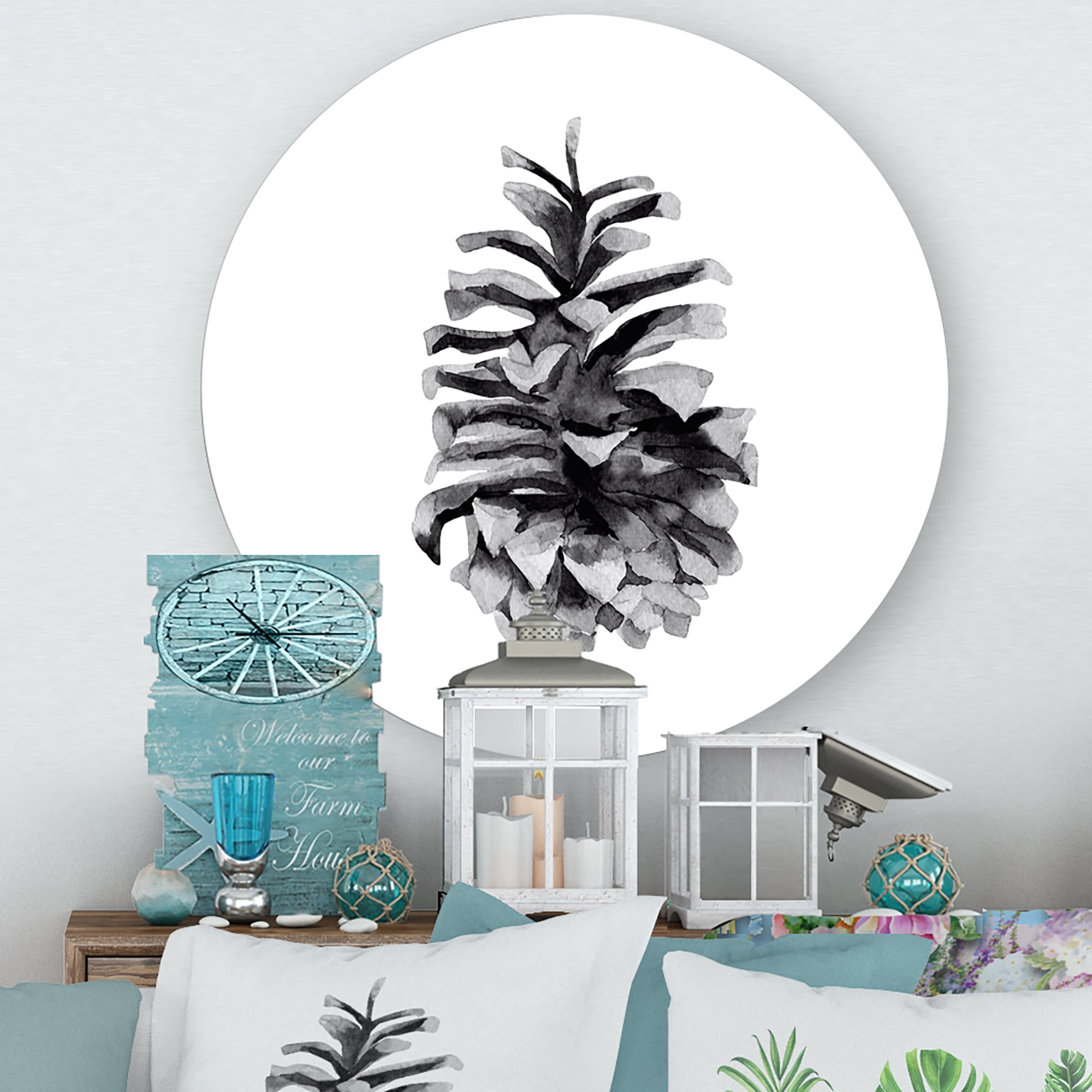 Designart 'Conifer Cone Black and White' Traditional Circle Metal Wall Art 11x11 - Disc of 11