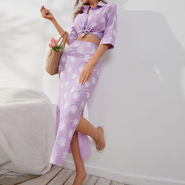 Conjunto De Falda Larga Conjunto de falda larga con estampado de hojas Estilo elegante Ropa de vacaciones para mujer (Púrpura S) Ygjytge para Mujer Púrpura T 3EG