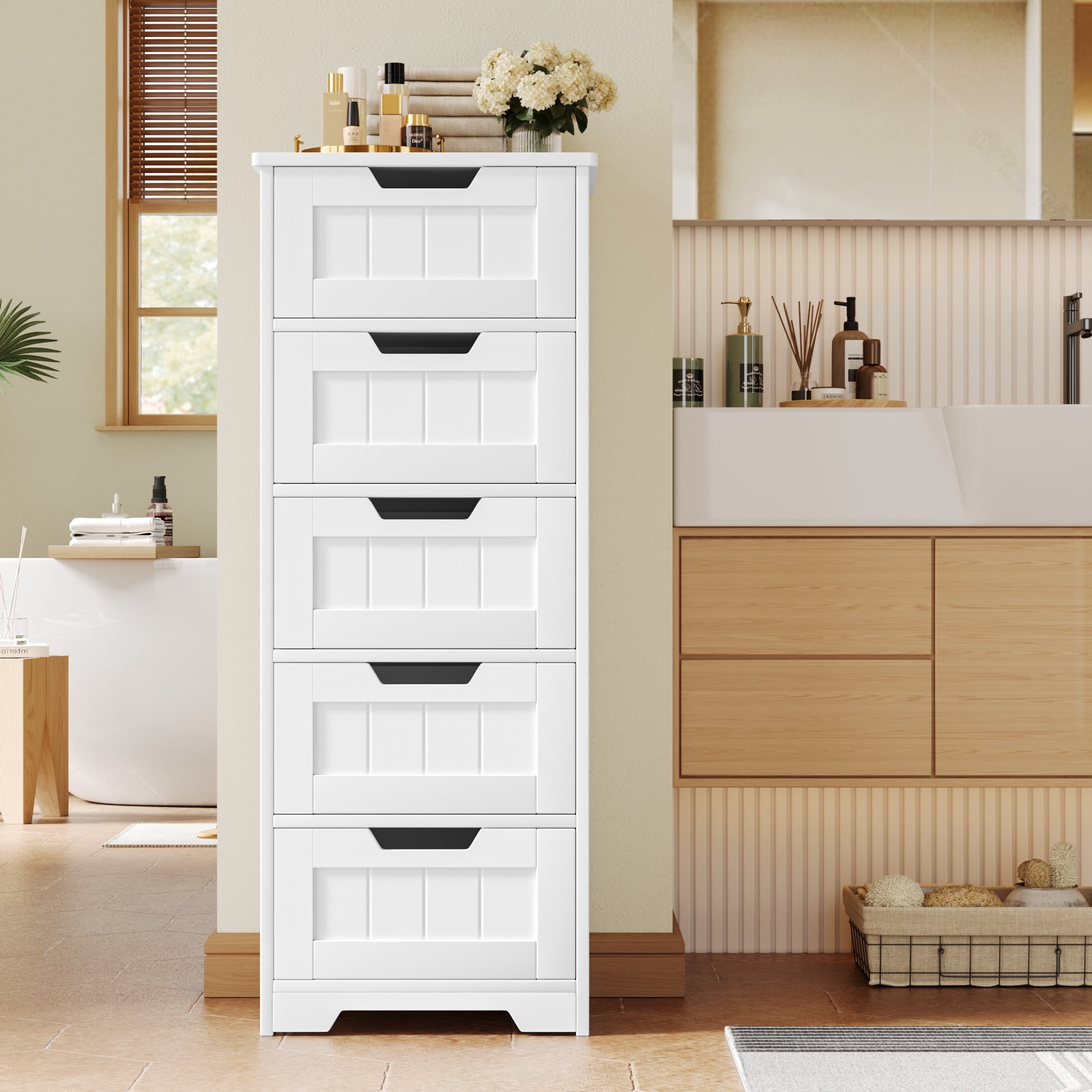 Homfa Modern Bathroom Cabinet, Free Standing Storage Cabinet with 5 Drawers Organizer Unit for Living Room Bedroom, 2PCS, White